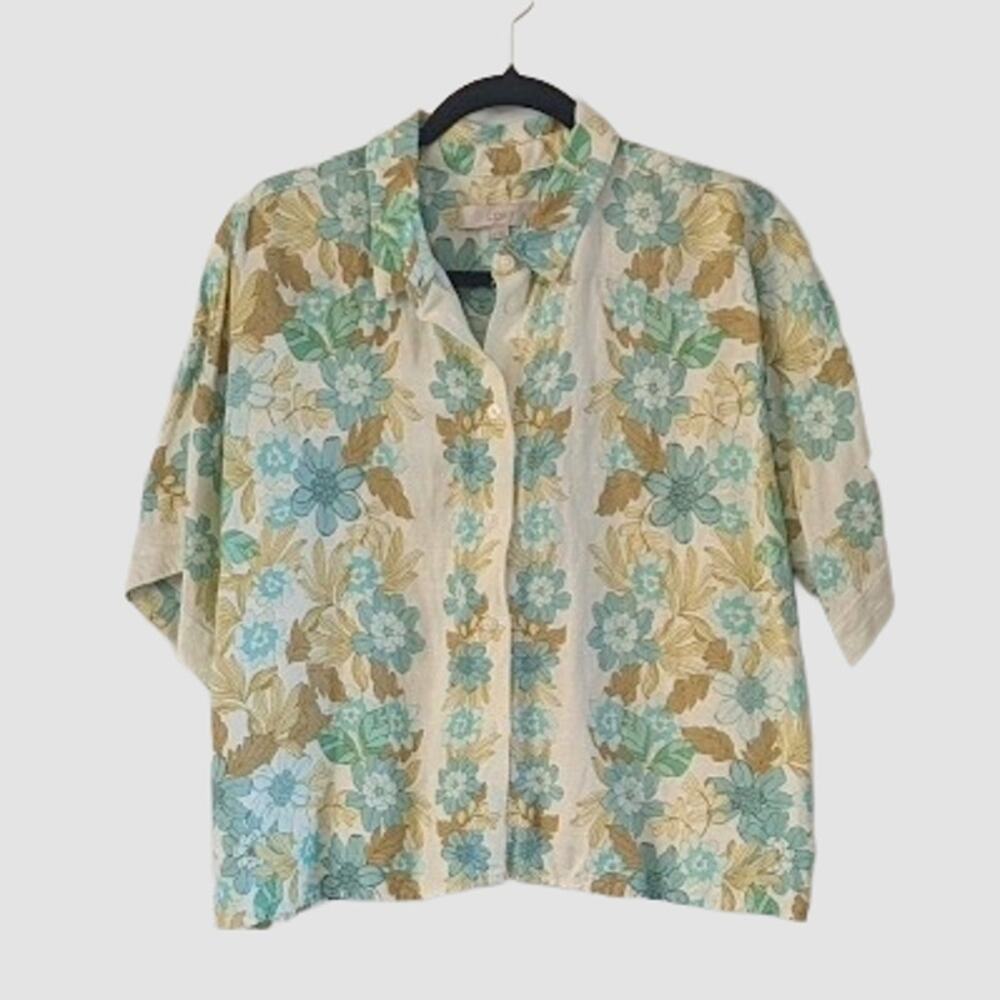 LOFT Linen Blend Floral Button Shirt Large Coastal Grandma Beach Botanical
